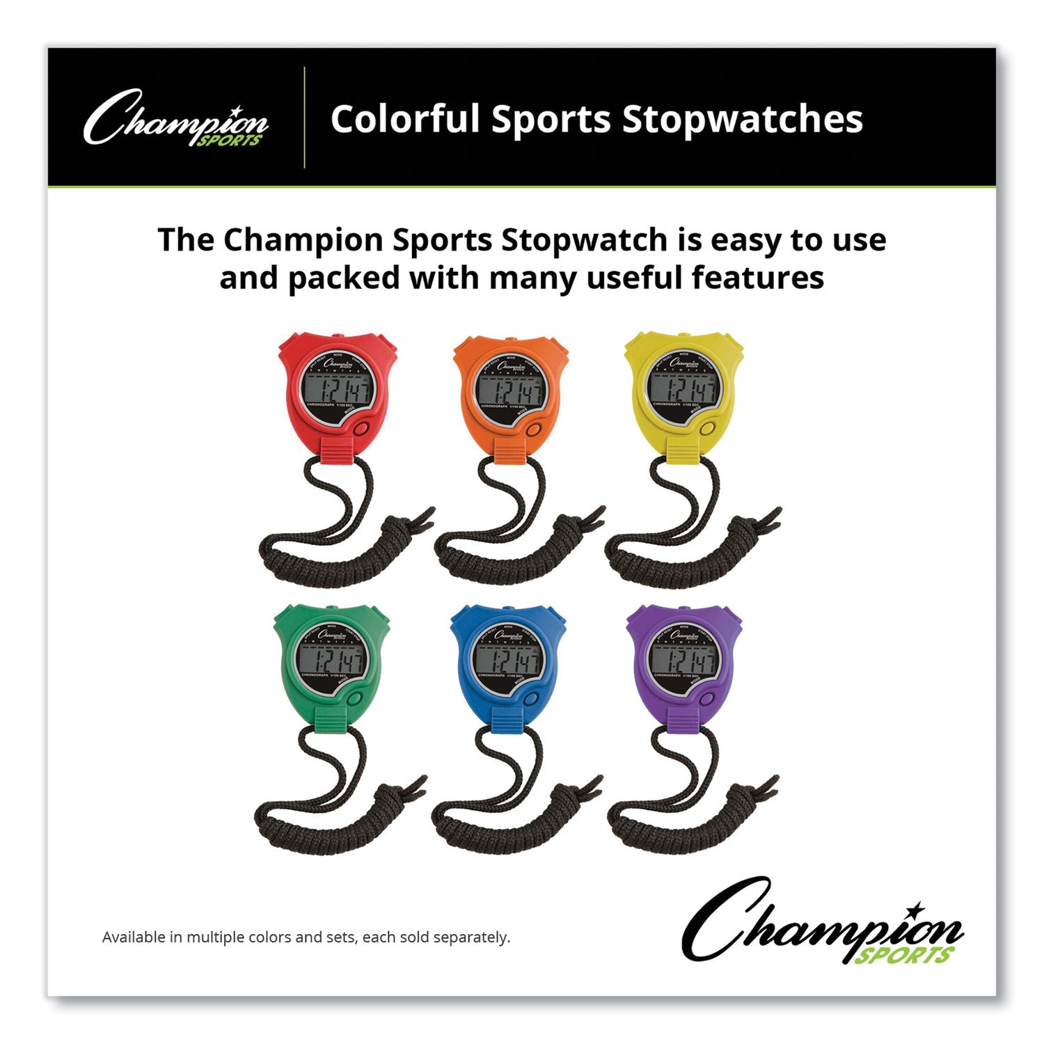 Water-Resistant Stopwatches, Accurate to 1/100 Second, Assorted Colors, 6/Box -