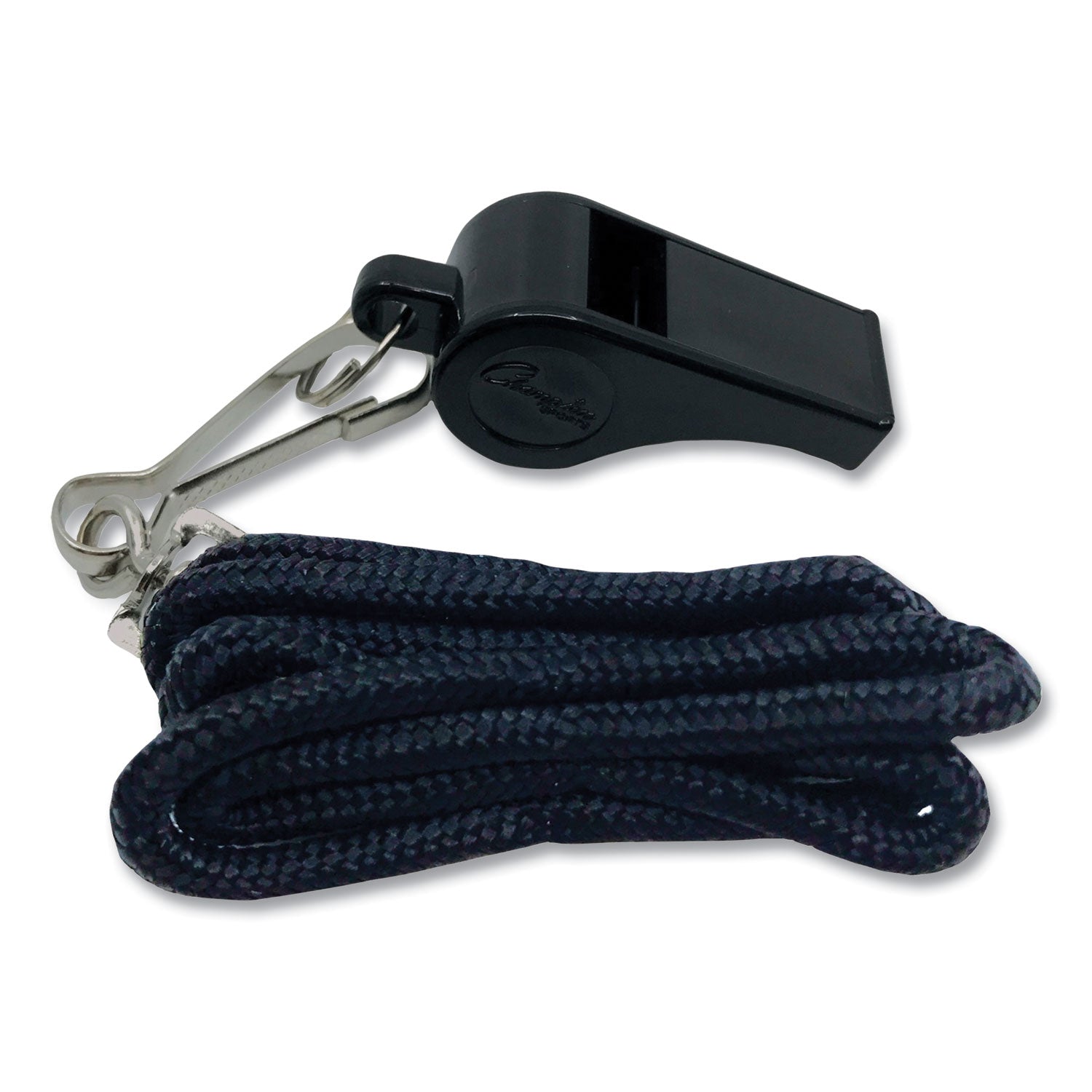 Sports Whistle with Black Nylon Lanyard, Plastic, Black, Dozen -
