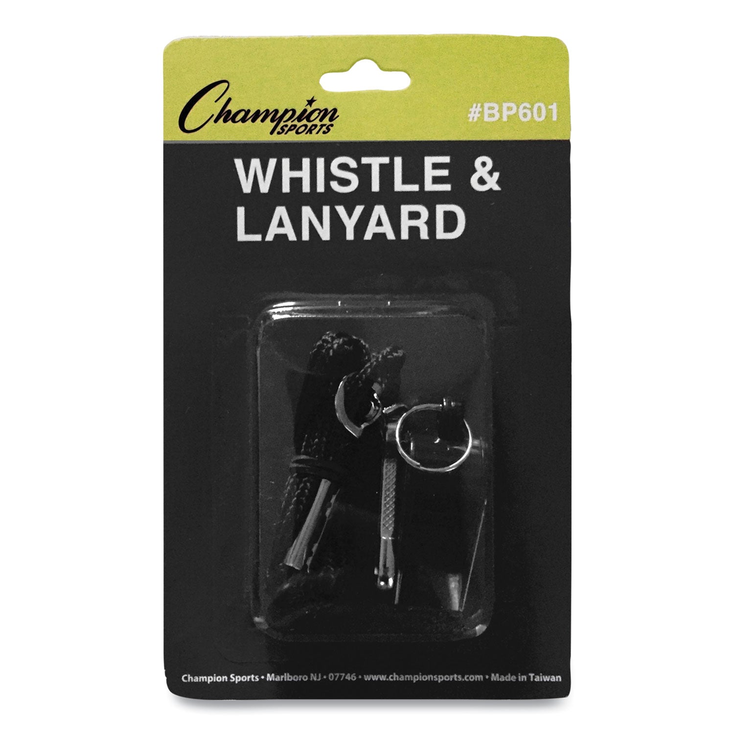 Sports Whistle with Black Nylon Lanyard, Plastic, Black, Dozen -
