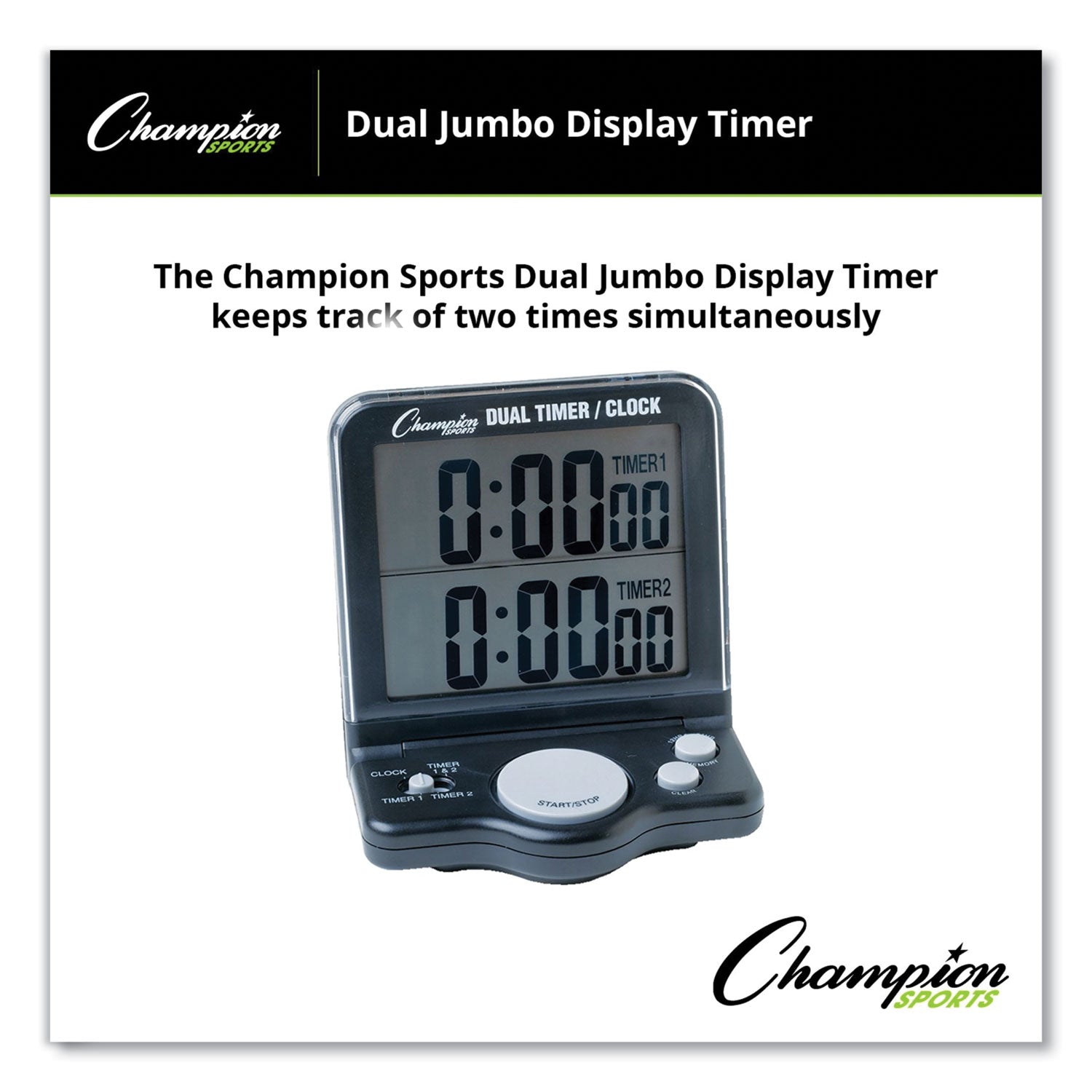 Dual Timer/Clock with Jumbo Display, LCD, 3.5 x 1 x 4.5, Black -