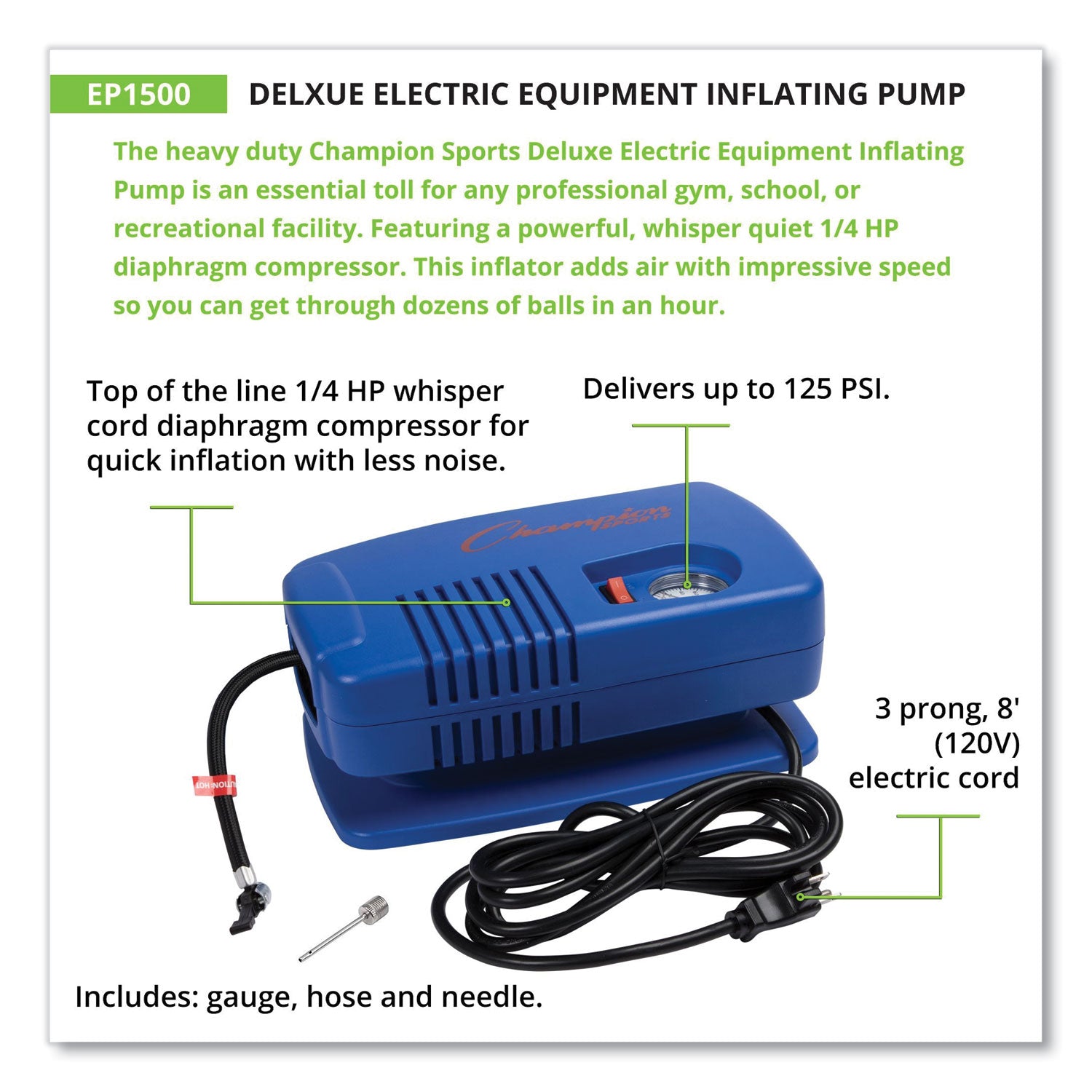 Electric Inflating Pump with Gauge, Hose and Needle, 0.25 hp Compressor, 50 psi, 8 ft Cord -