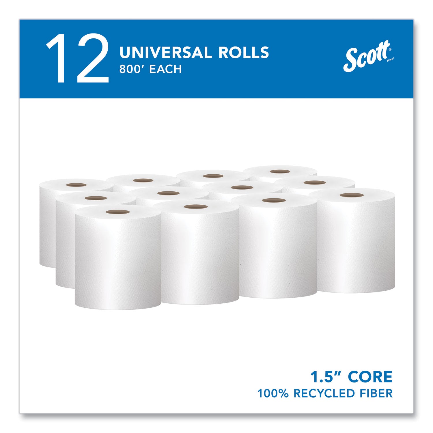 Essential 100% Recycled Fiber Hard Roll Towel, 1-Ply, 8" x 800 ft, 1.5" Core, White, 12 Rolls/Carton -