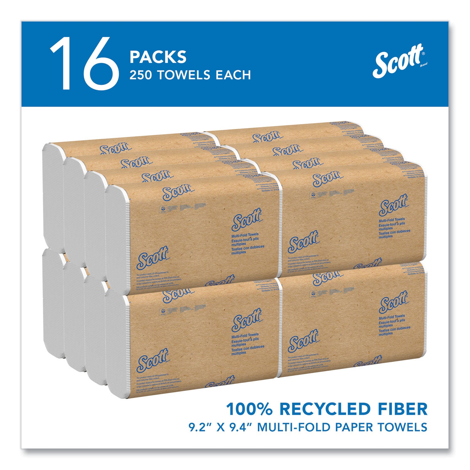 Essential Multi-Fold Towels 100% Recycled, 1-Ply, 9.2 x 9.4, White, 250/Pack, 16 Packs/Carton -