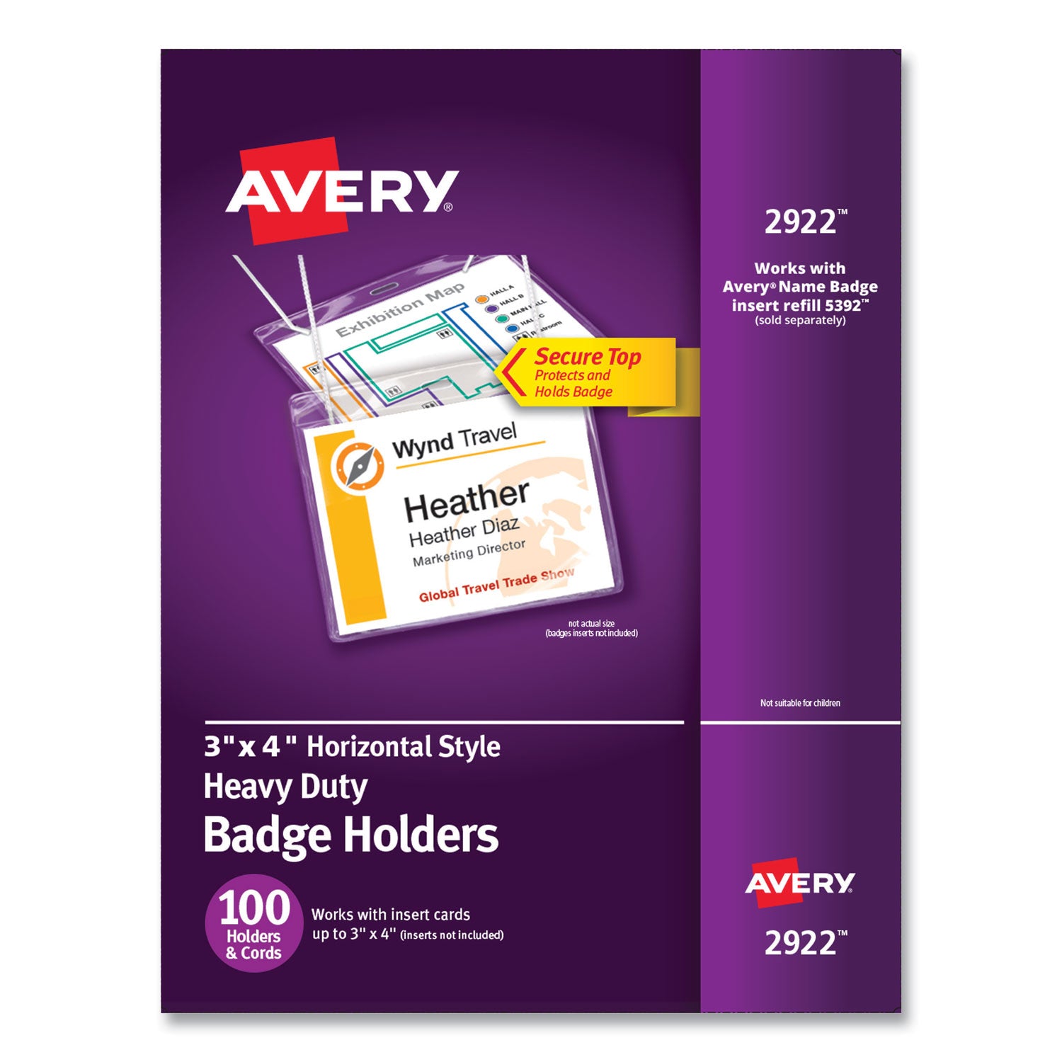 Secure Top Hanging-Style Badge Holders, Horizontal, 4w x 3h, Clear, 100/Box -