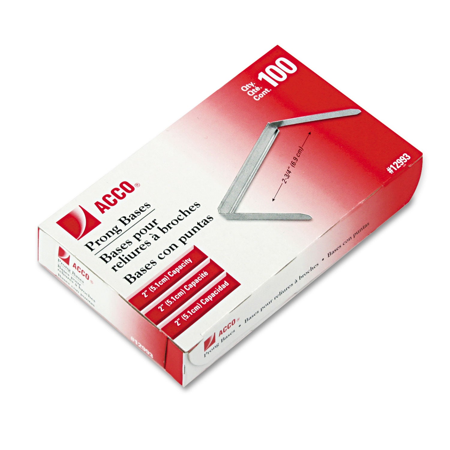 Standard Two-Piece Two-Prong Paper Fastener Bases, 2" Capacity, 2.75" Center to Center, Silver, 100/Box -