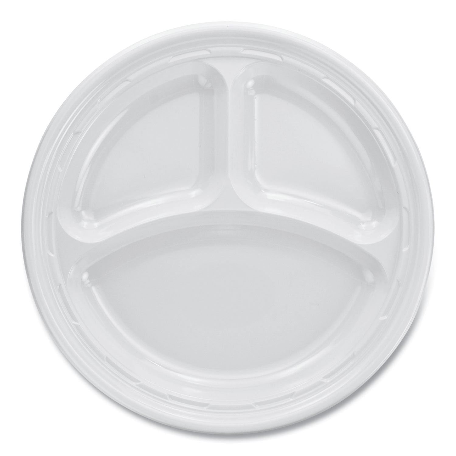 Plastic Plates, 3-Compartment, 9" dia, White, 125/Pack, 4 Packs/Carton -