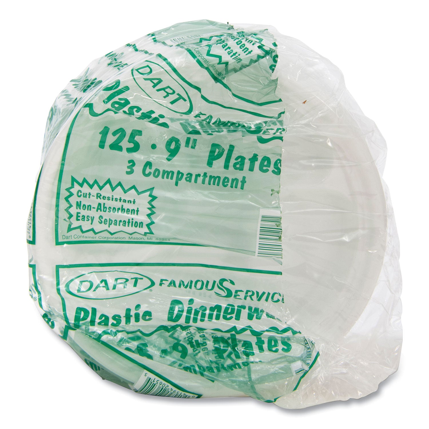 Plastic Plates, 3-Compartment, 9" dia, White, 125/Pack, 4 Packs/Carton -