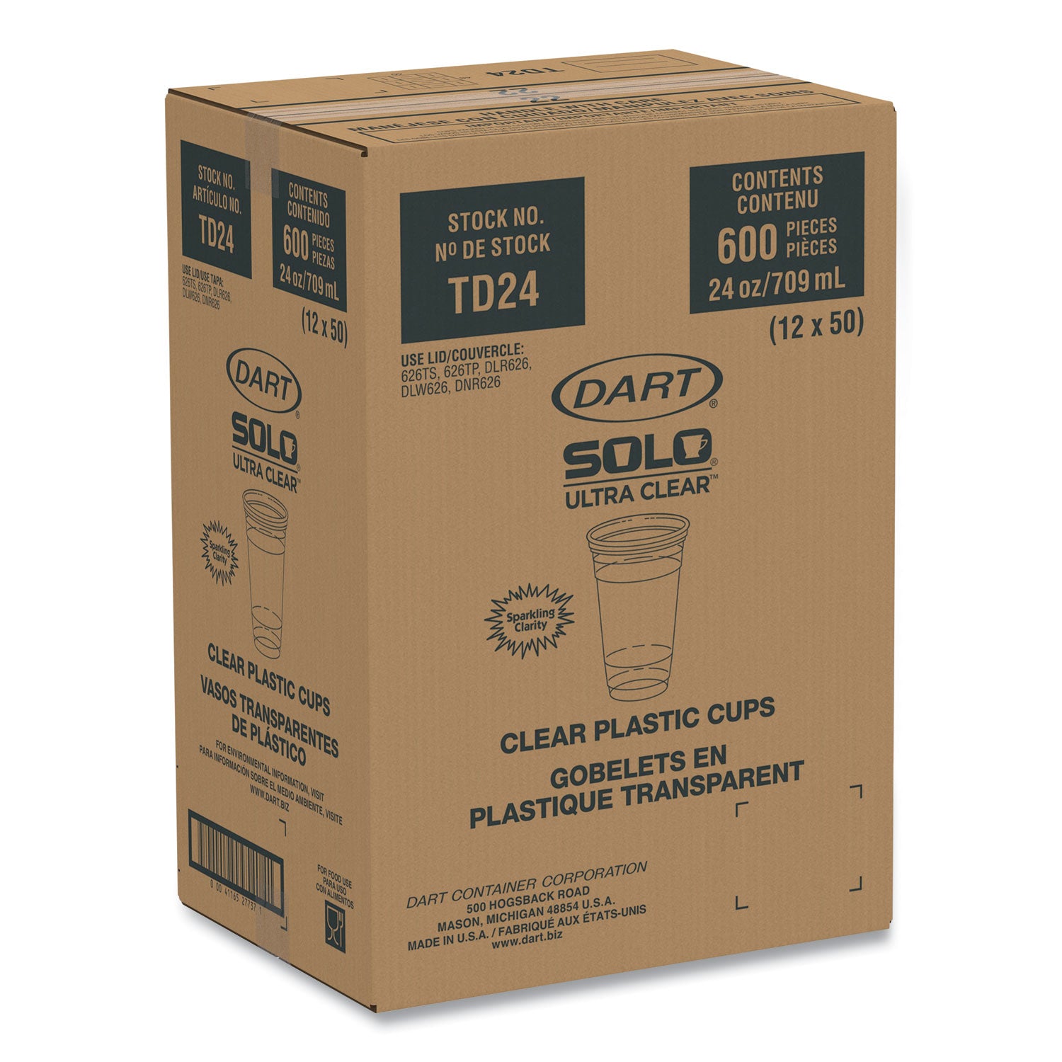 Ultra Clear PET Cold Cups, 24 oz, Clear, 50/Sleeve, 12 Sleeves/Carton -