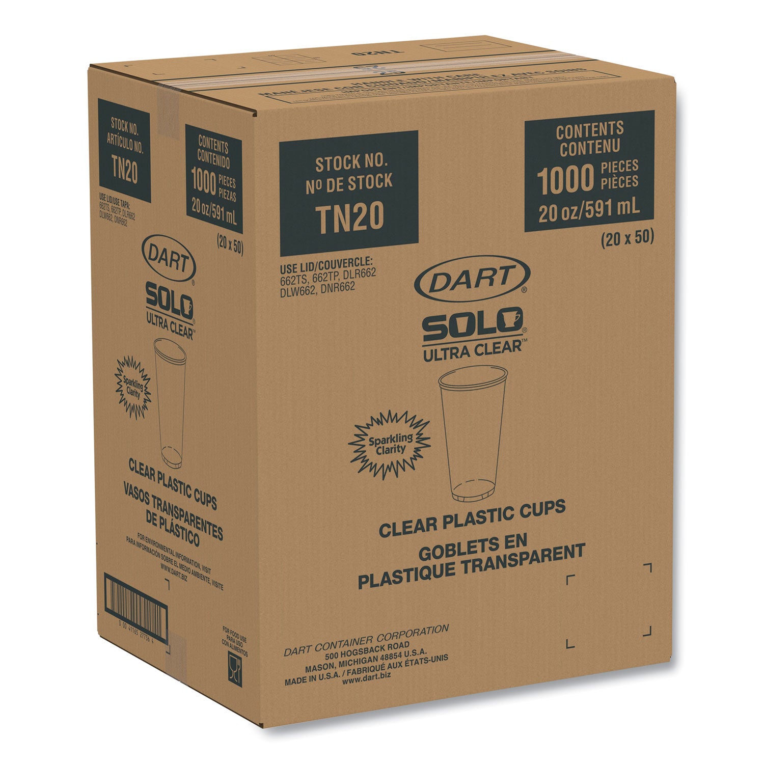 Ultra Clear PETE Cold Cups, 20 oz, Clear, 50/Sleeve, 20 Sleeves/Carton -