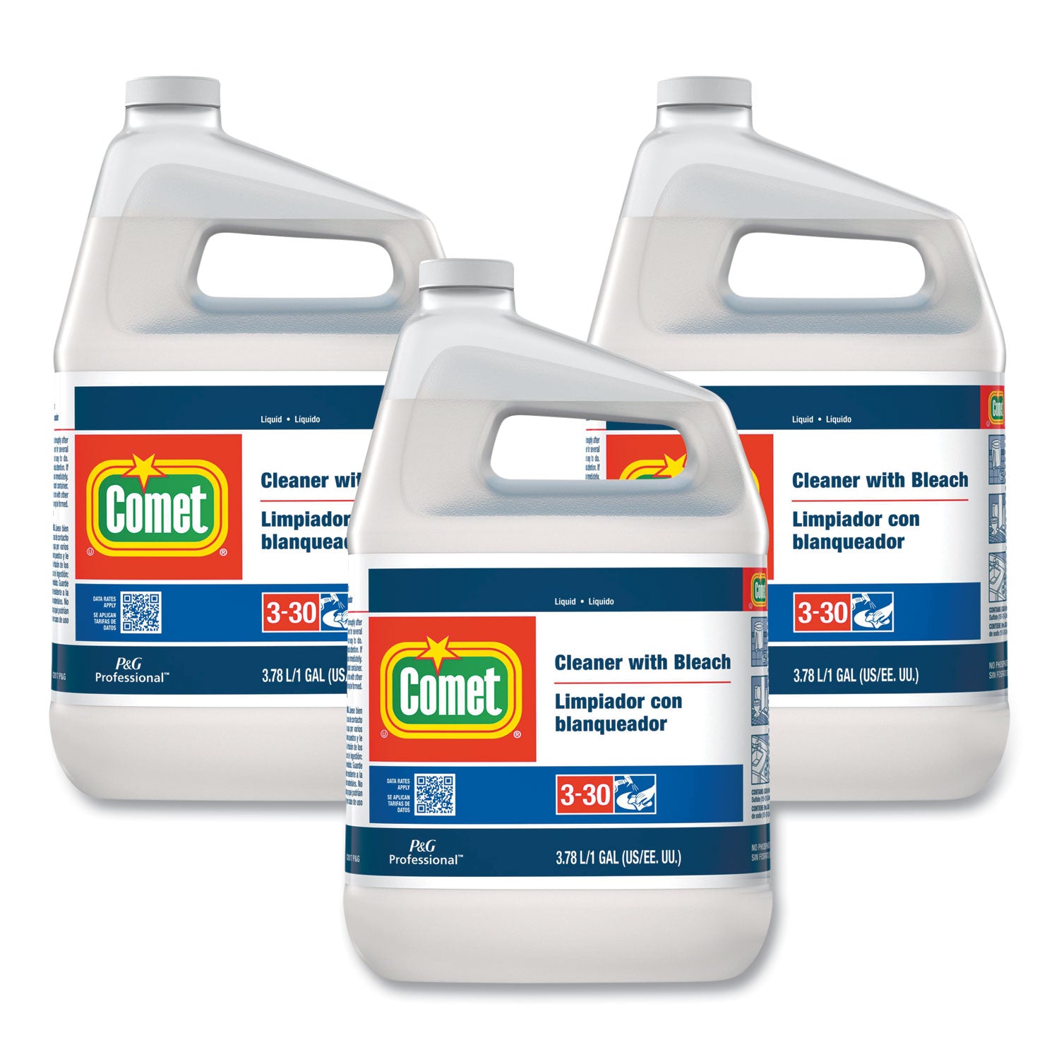 Cleaner with Bleach, Liquid, One Gallon Bottle, 3/Carton -