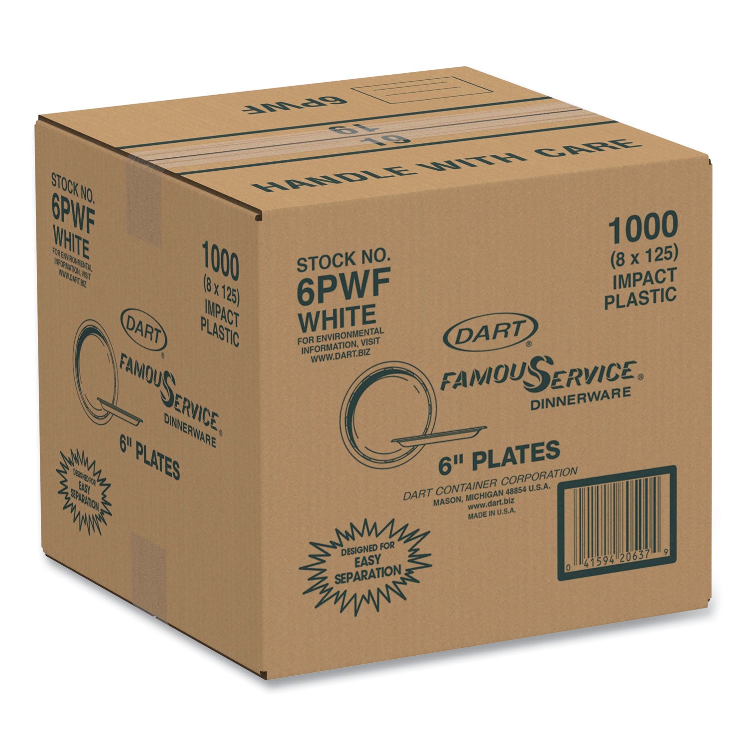 Famous Service Plastic Dinnerware, Plate, 6" dia, White, 125/Pack, 8 Packs/Carton -