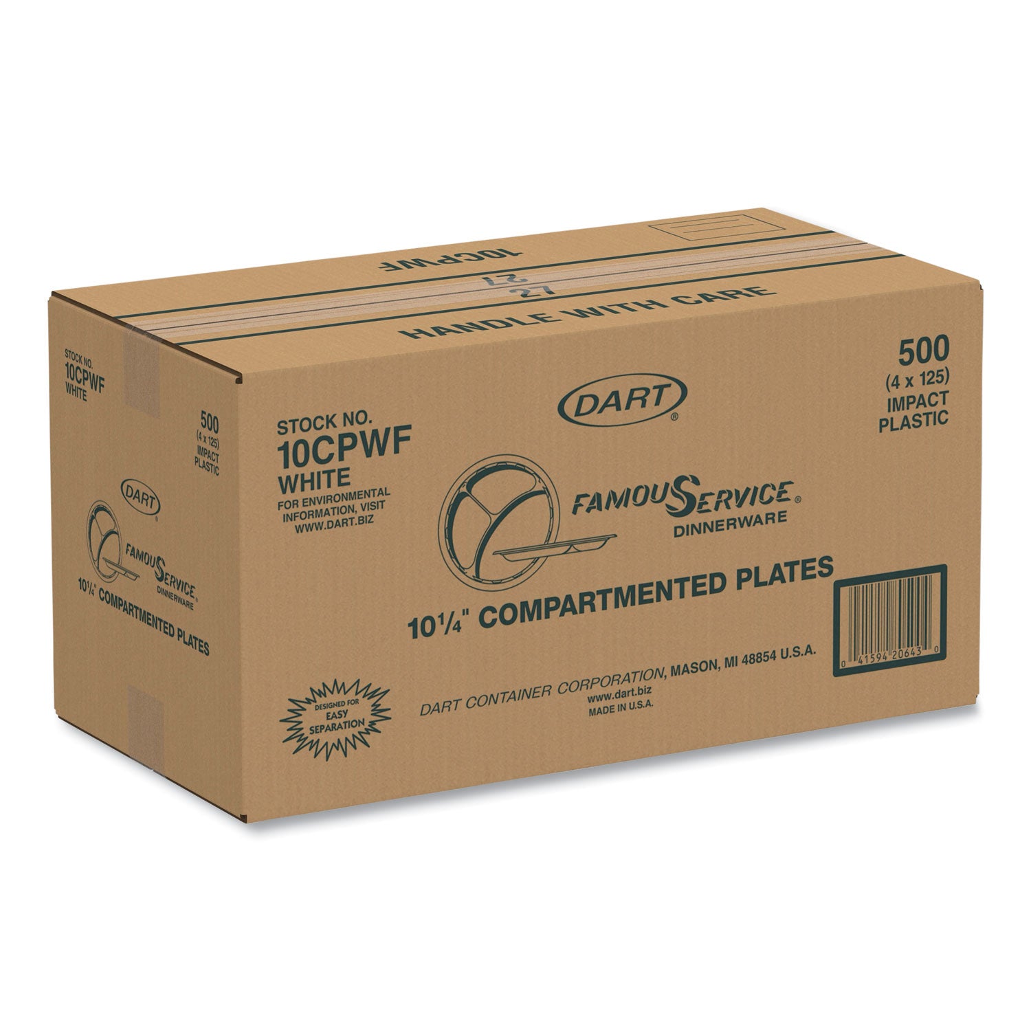 Famous Service Plastic Dinnerware, Plate, 3-Compartment, 10.25" dia, White, 125/Pack, 4 Packs/Carton -