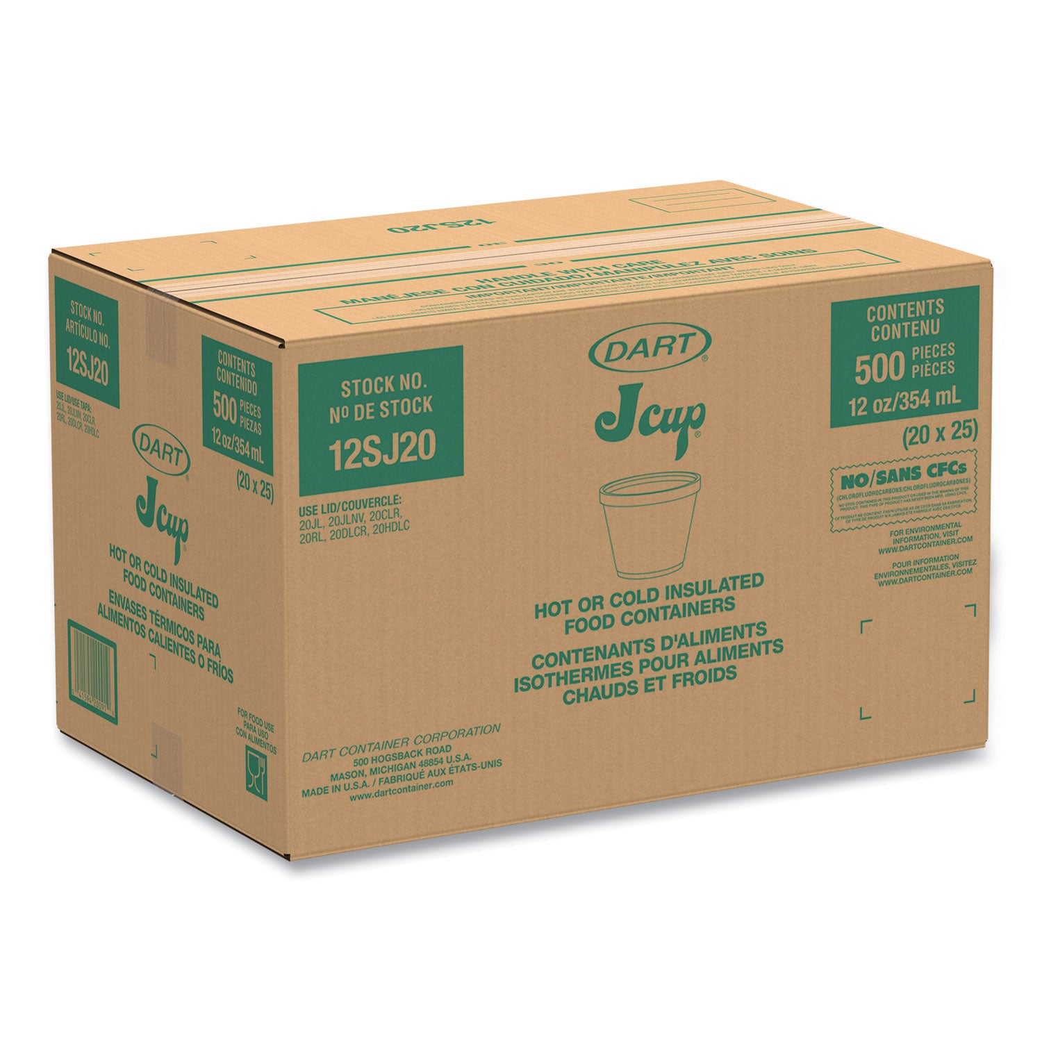 Food Containers, 12 oz, White, Foam, 25/Bag, 20 Bags/Carton -
