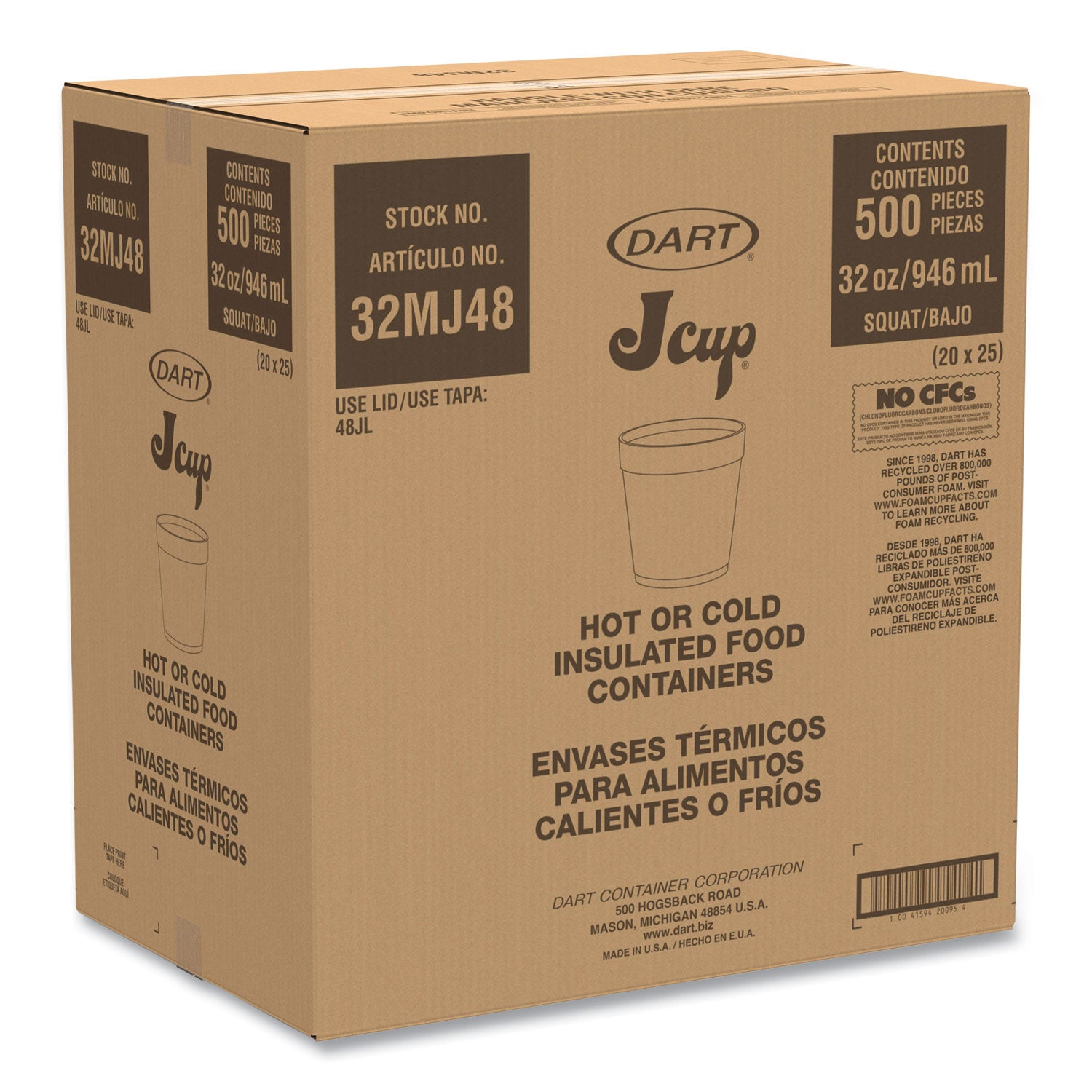 Foam Containers, 32 oz, White, 25/Bag, 20 Bags/Carton -