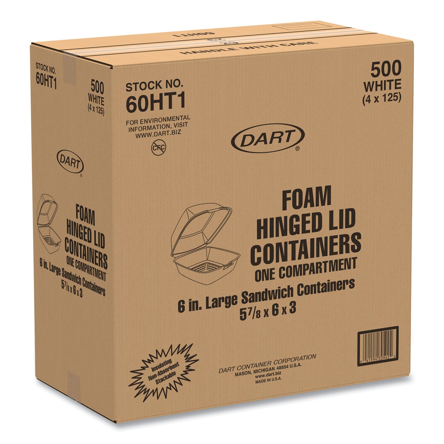Foam Hinged Lid Containers, 6 x 5.78 x 3, White, 500/Carton -