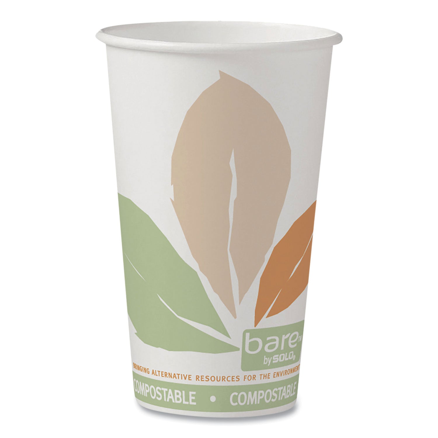 Bare Eco-Forward PLA Paper Hot Cups, 16 oz, Leaf Design, White/Green/Orange, 1,000/Carton -