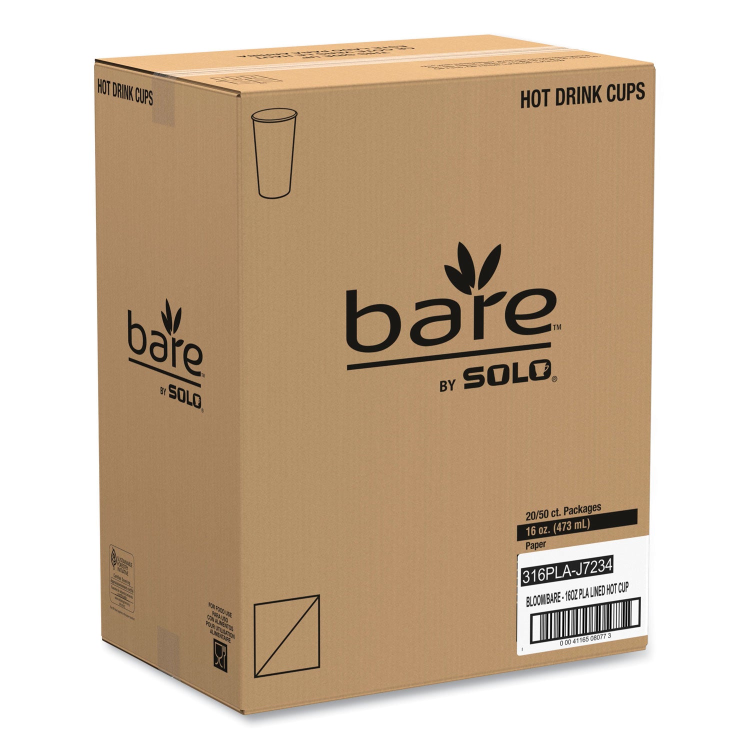 Bare Eco-Forward PLA Paper Hot Cups, 16 oz, Leaf Design, White/Green/Orange, 1,000/Carton -