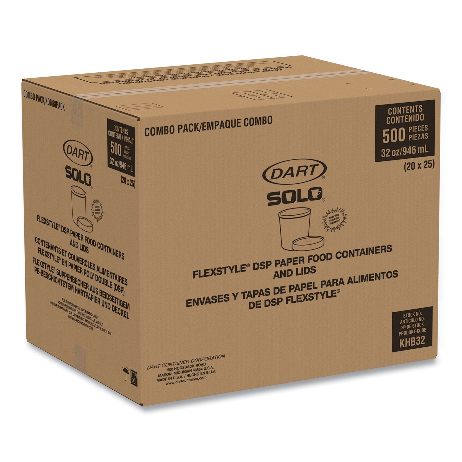 Flexstyle Double Poly Food Combo Packs, 32 oz, Symphony, Paper, 25 Cups and 25 Lids/Pack, 10 Packs/Carton -