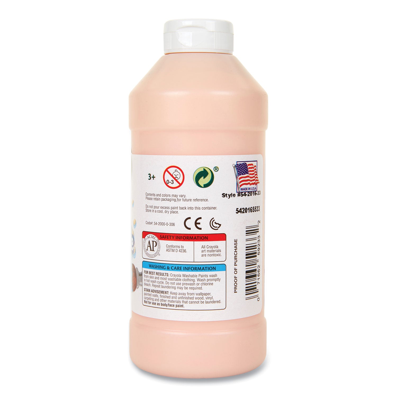 Washable Paint, Peach, 16 oz Bottle -