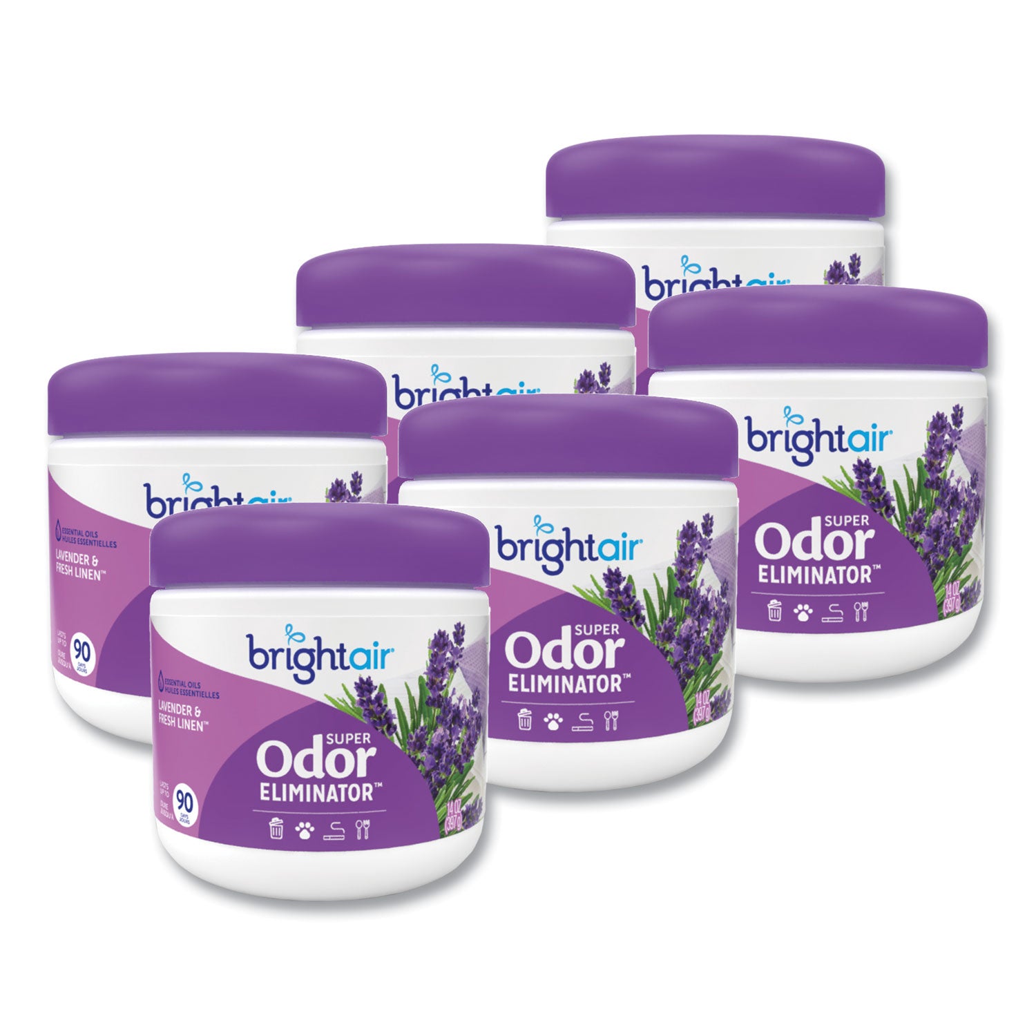 Super Odor Eliminator, Lavender and Fresh Linen, Purple, 14 oz Jar, 6/Carton -