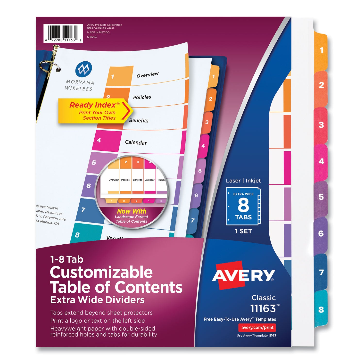 Customizable TOC Ready Index Multicolor Tab Dividers, Extra Wide Tabs, 8-Tab, 1 to 8, 11 x 9.25, White, 1 Set -