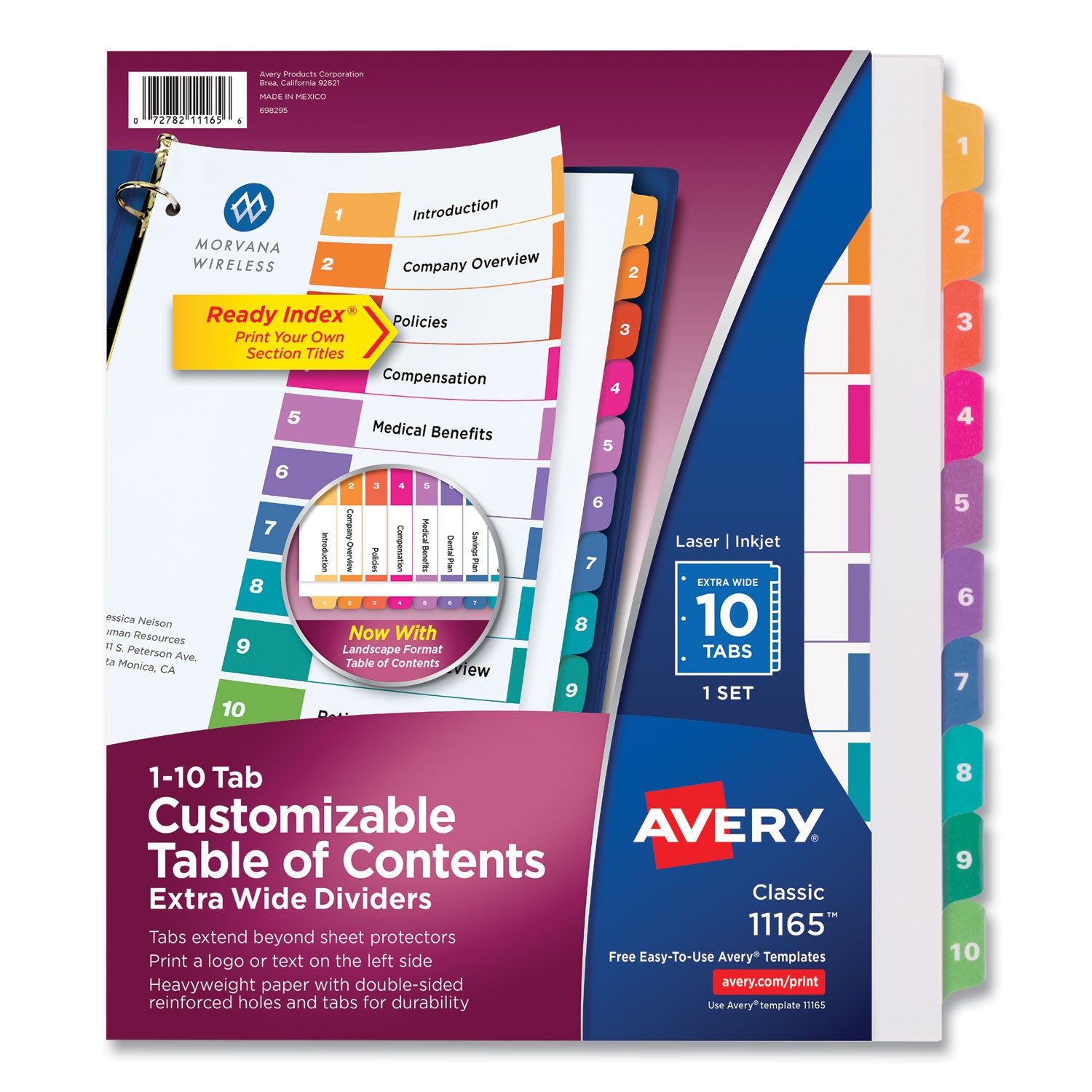 Customizable TOC Ready Index Multicolor Tab Dividers, Extra Wide Tabs, 10-Tab, 1 to 10, 11 x 9.25, White, 1 Set -