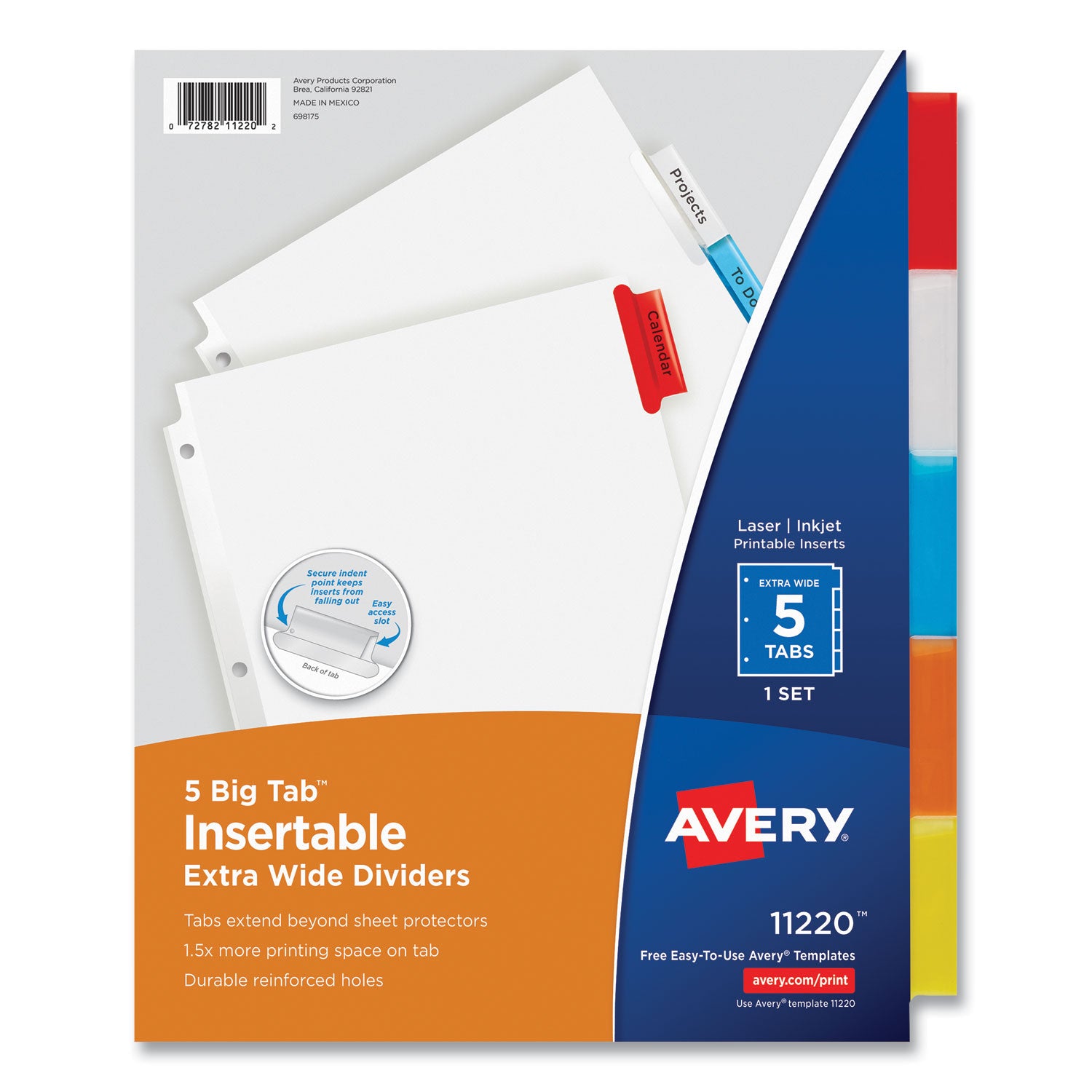 Insertable Big Tab Dividers, 5-Tab, Single-Sided Copper Edge Reinforcing, 11.13 x 9.25, White, Assorted Tabs, 1 Set -
