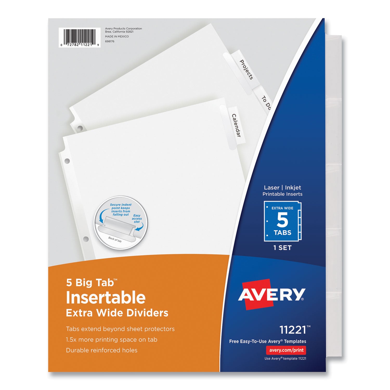 Insertable Big Tab Dividers, 5-Tab, Single-Sided Copper Edge Reinforcing, 11.13 x 9.25, White, Clear Tabs, 1 Set -