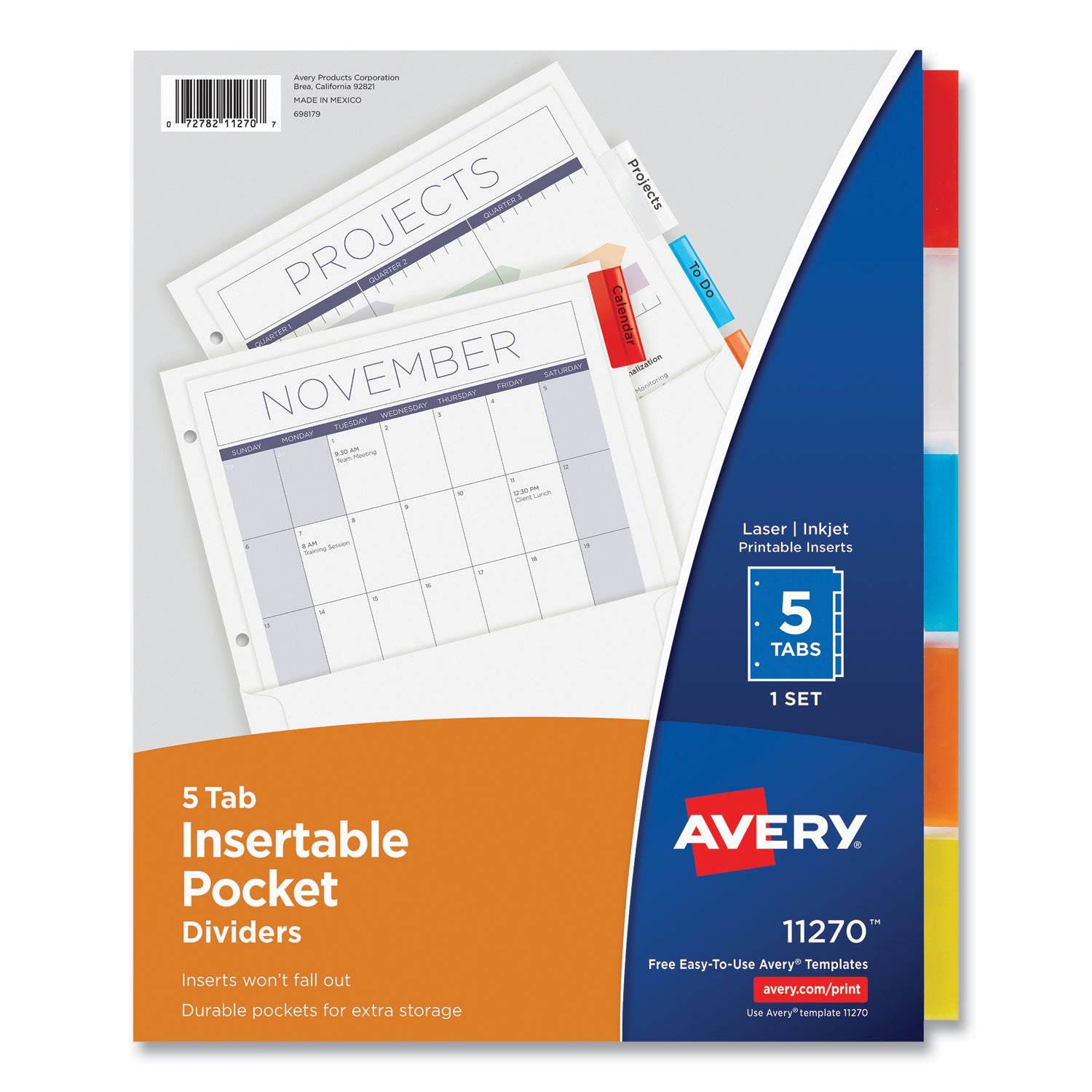 Insertable Dividers w/Single Pockets, 5-Tab, 11.25 x 9.13, White, 1 Set -