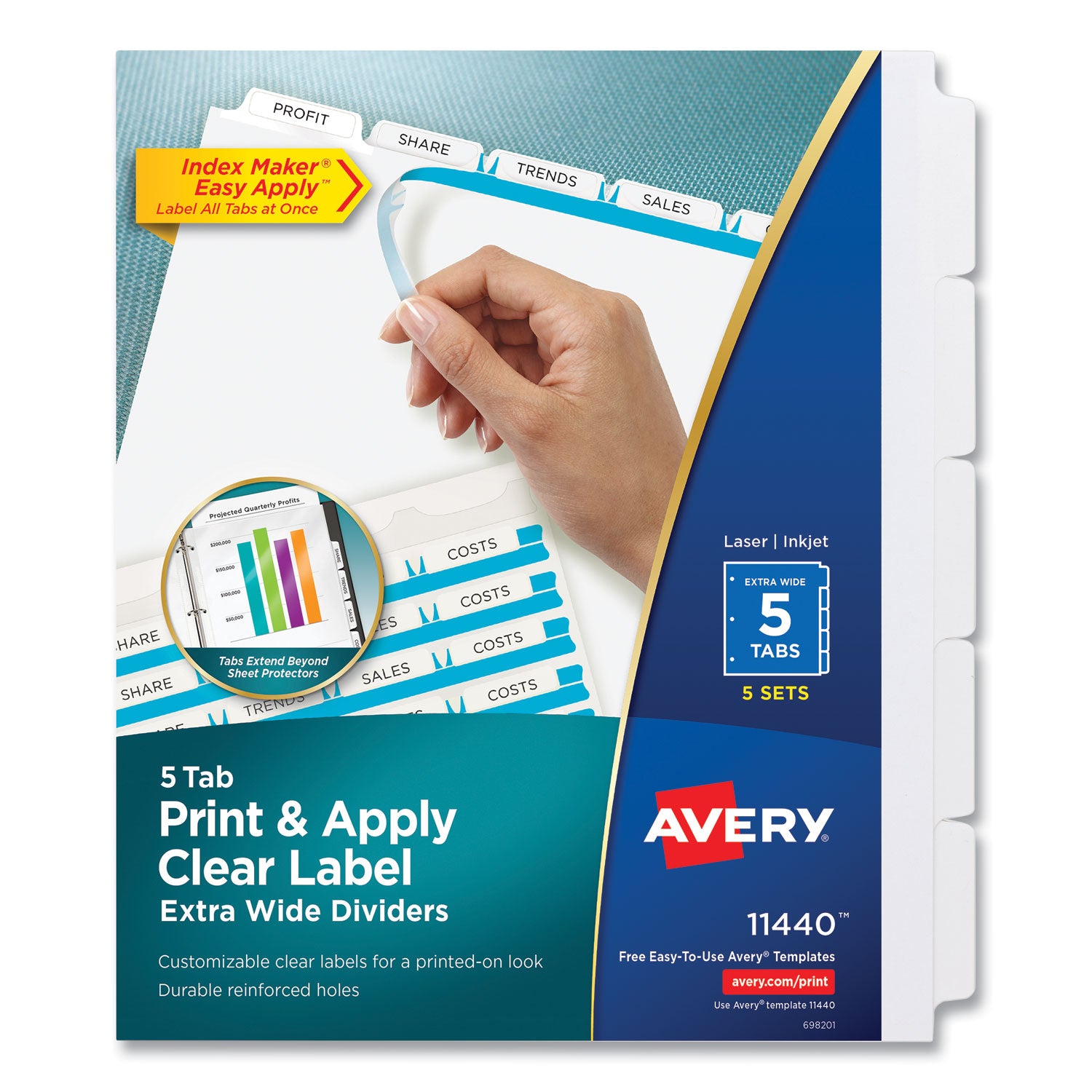 Print and Apply Index Maker Clear Label Dividers, Extra Wide Tab, 5-Tab, White Tabs, 11.25 x 9.25, White, 5 Sets -