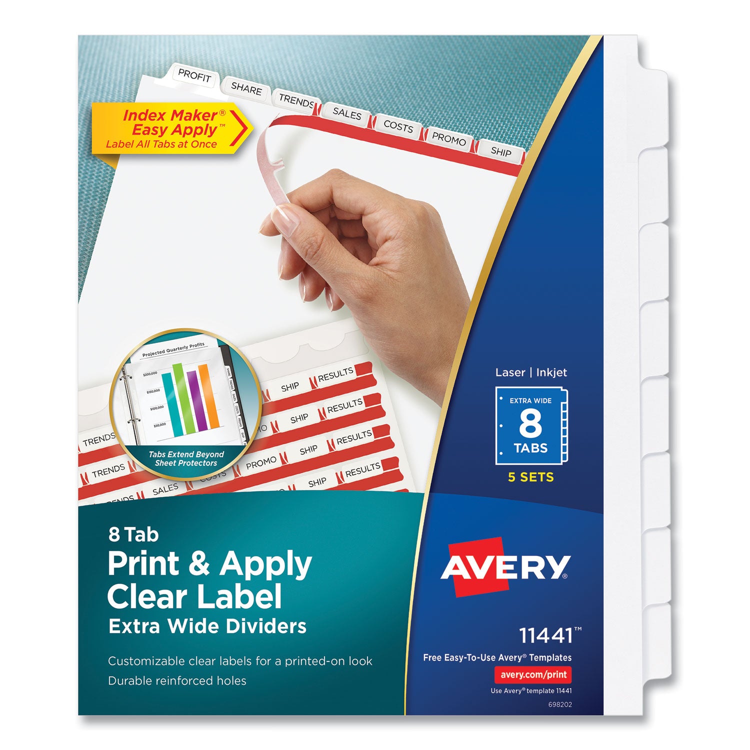 Print and Apply Index Maker Clear Label Dividers, Extra Wide Tabs, 8-Tab, 11.25 x 9.25, White, 5 Sets -
