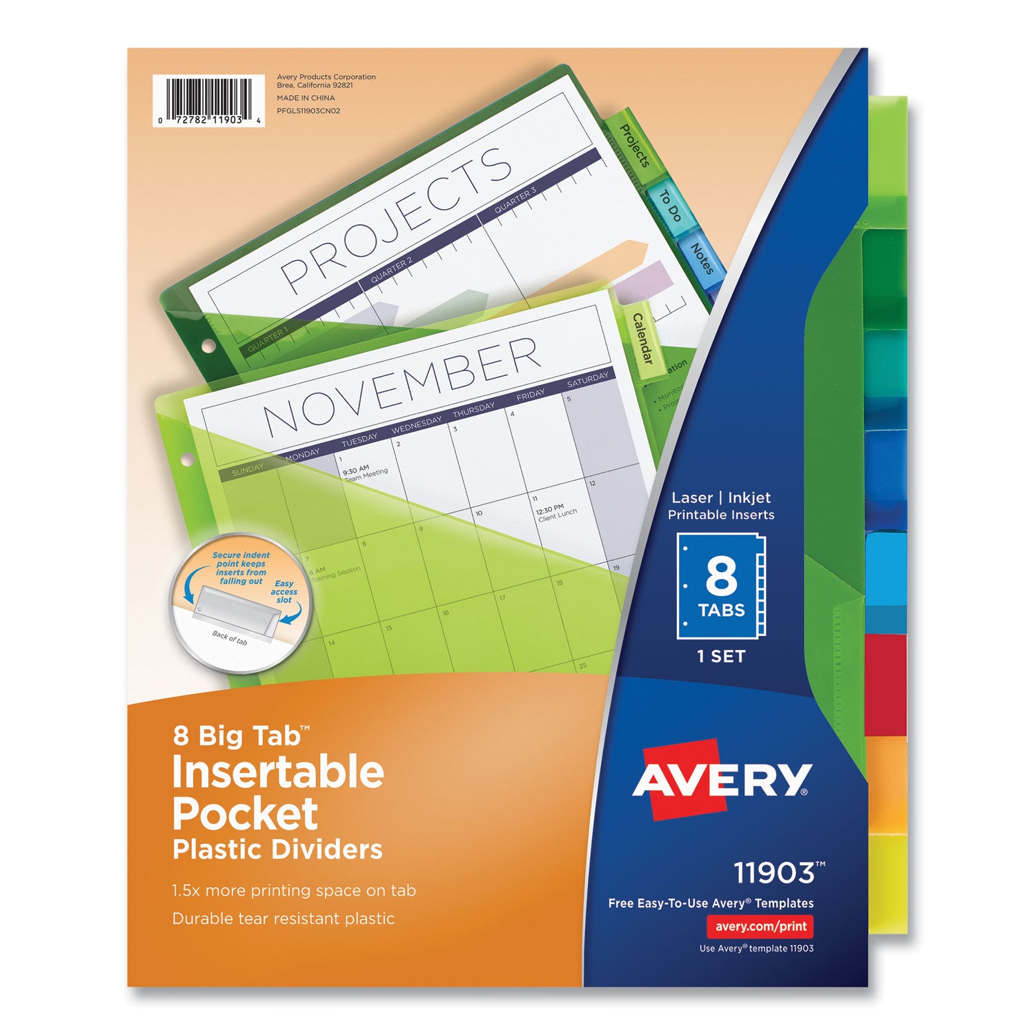 Insertable Big Tab Plastic 1-Pocket Dividers, 8-Tab, 11.13 x 9.25, Assorted, 1 Set -