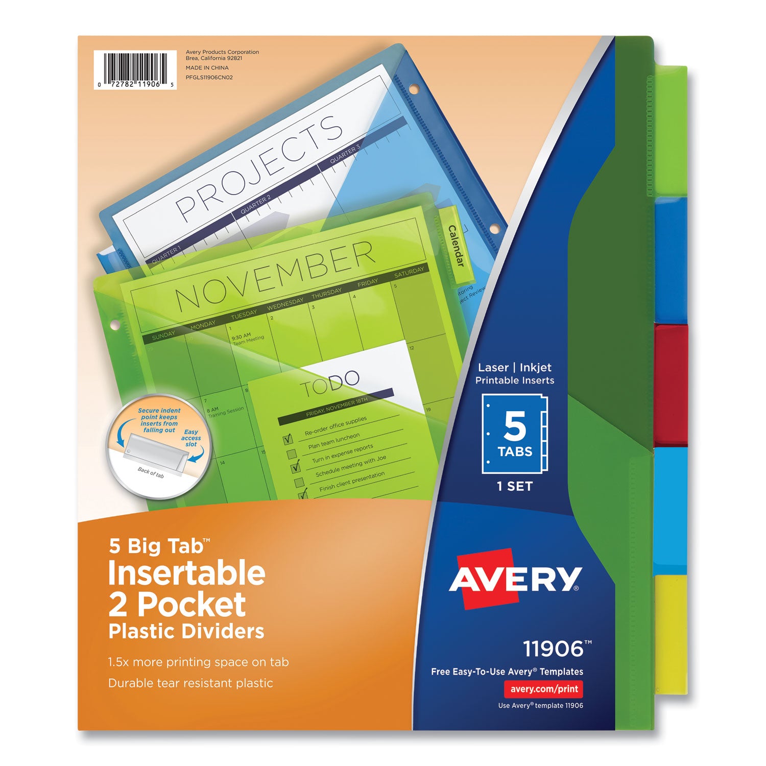 Insertable Big Tab Plastic 2-Pocket Dividers, 5-Tab, 11.13 x 9.25, Assorted, 1 Set -