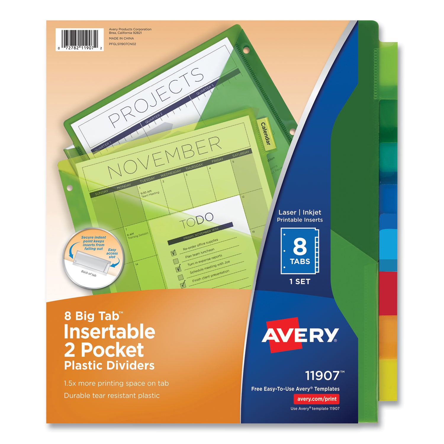 Insertable Big Tab Plastic 2-Pocket Dividers, 8-Tab, 11.13 x 9.25, Assorted, 1 Set -