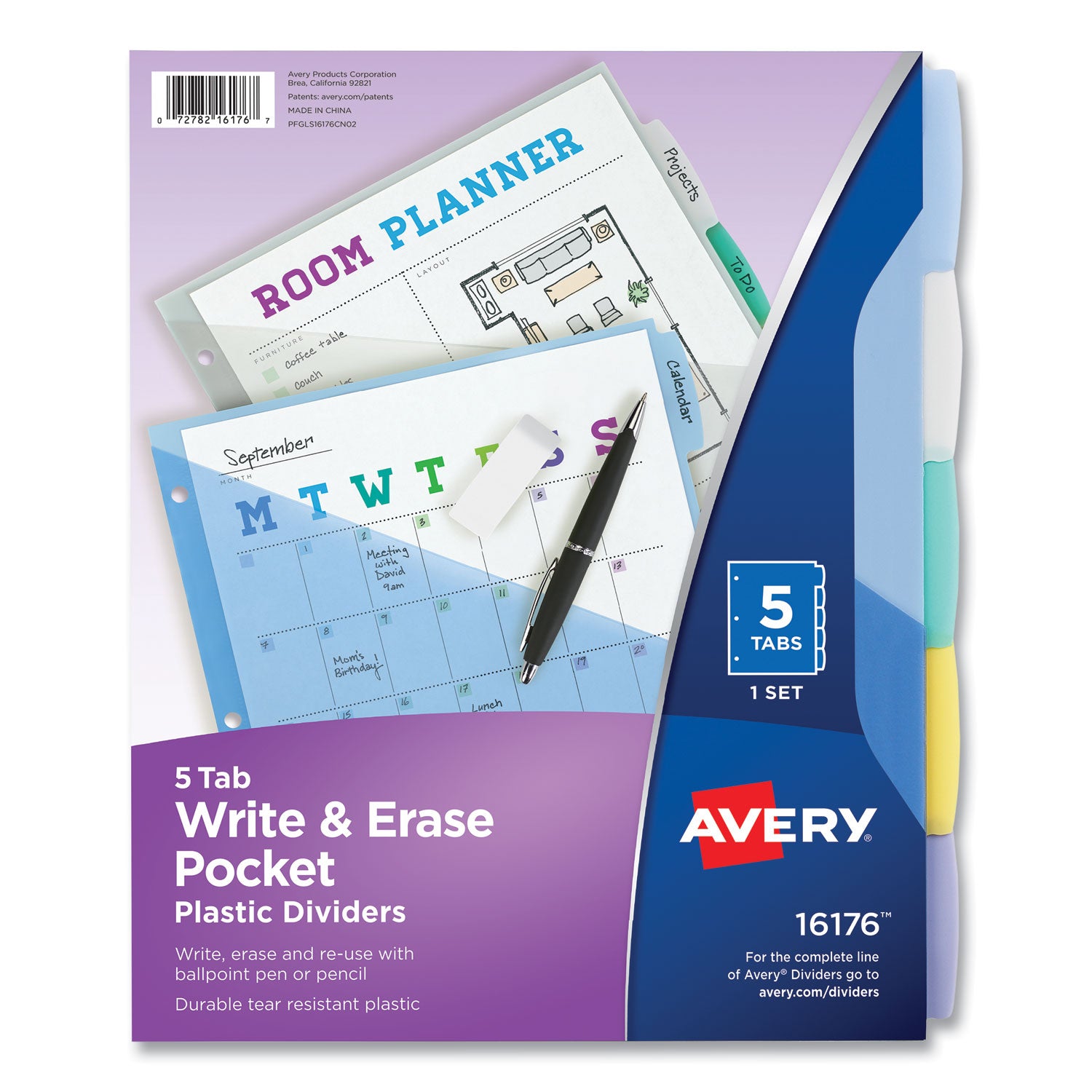 Write and Erase Durable Plastic Dividers with Slash Pocket, 3-Hold Punched, 5-Tab, 11.13 x 9.25, Assorted, 1 Set -