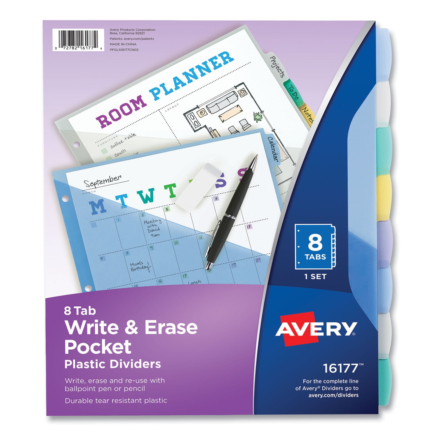 Write and Erase Durable Plastic Dividers with Slash Pocket, 3-Hold Punched, 8-Tab, 11.13 x 9.25, Assorted, 1 Set -