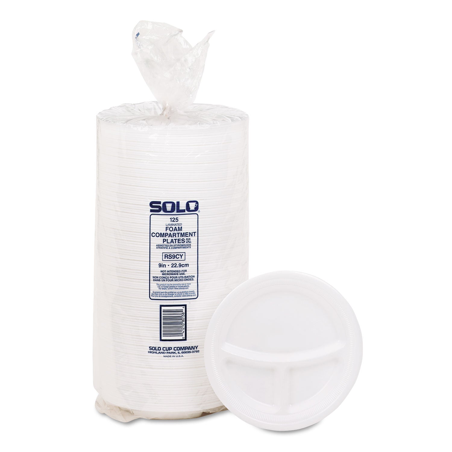 Mediumweight Foam Plates, 3-Compartment, 9" dia, White, 125/Pack -