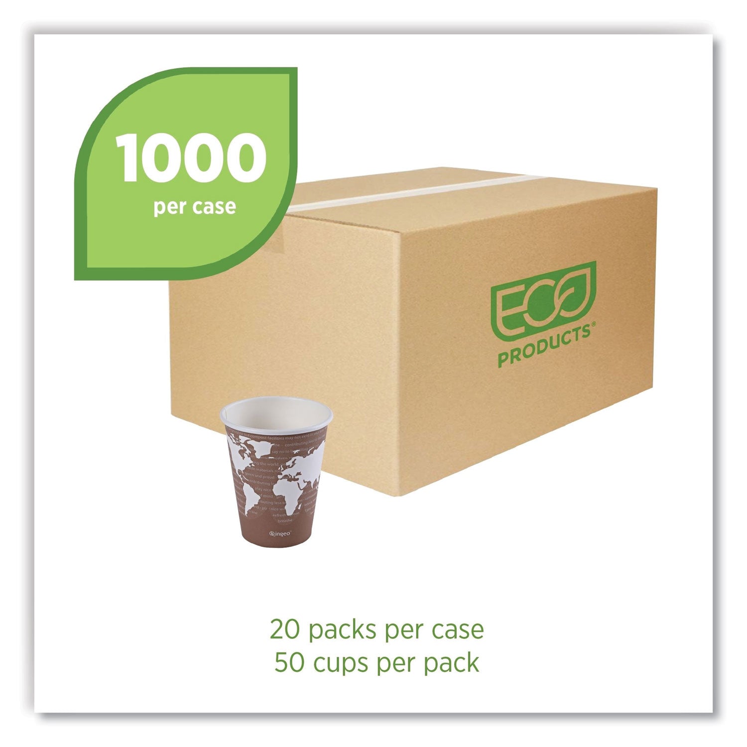 World Art Renewable and Compostable Hot Cups, 8 oz, 50/Pack, 20 Packs/Carton -