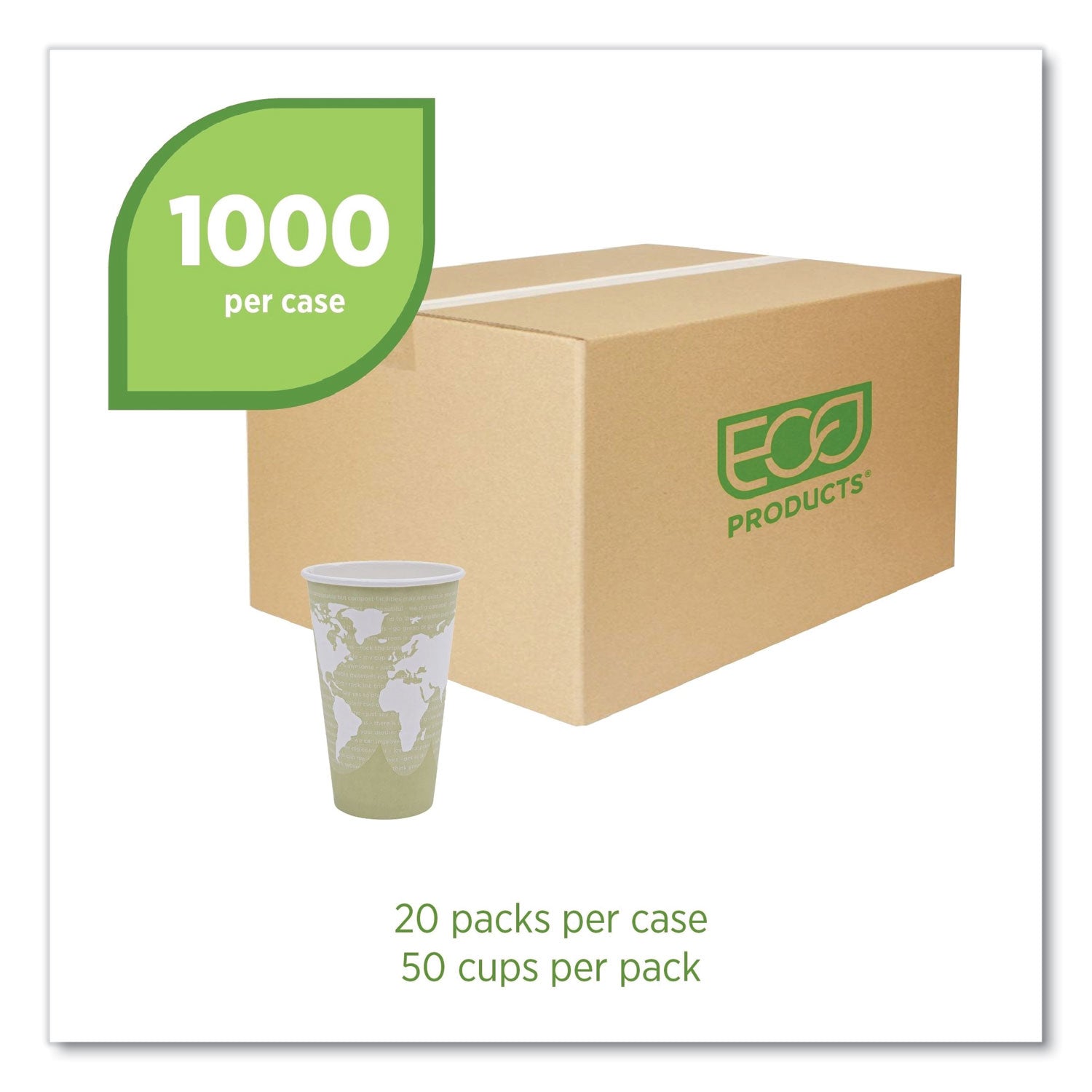 World Art Renewable and Compostable Hot Cups, 16 oz, 50/Pack, 20 Packs/Carton -