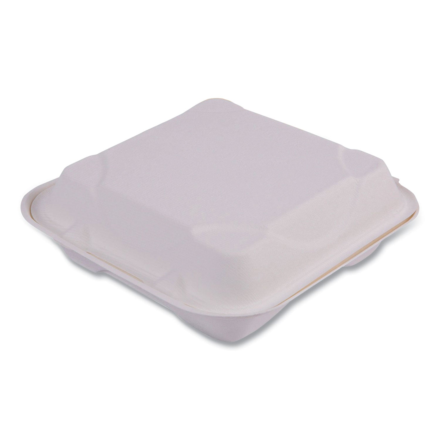 Bagasse Hinged Clamshell Containers, 9 x 9 x 3, White, Sugarcane, 50/Pack, 4 Packs/Carton -