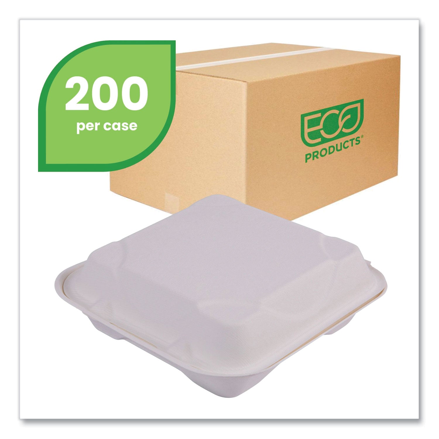 Bagasse Hinged Clamshell Containers, 9 x 9 x 3, White, Sugarcane, 50/Pack, 4 Packs/Carton -