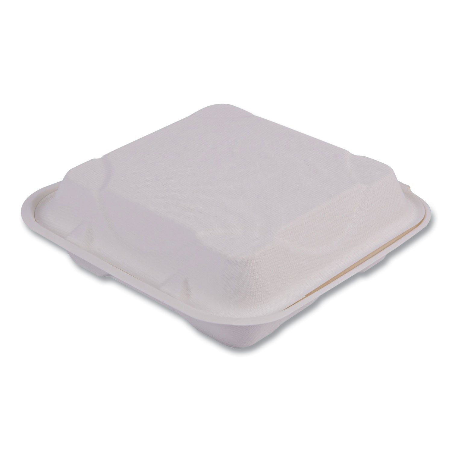 Bagasse Hinged Clamshell Containers, 3-Compartment, 9 x 9 x 3, White, Sugarcane, 50/Pack, 4 Packs/Carton -