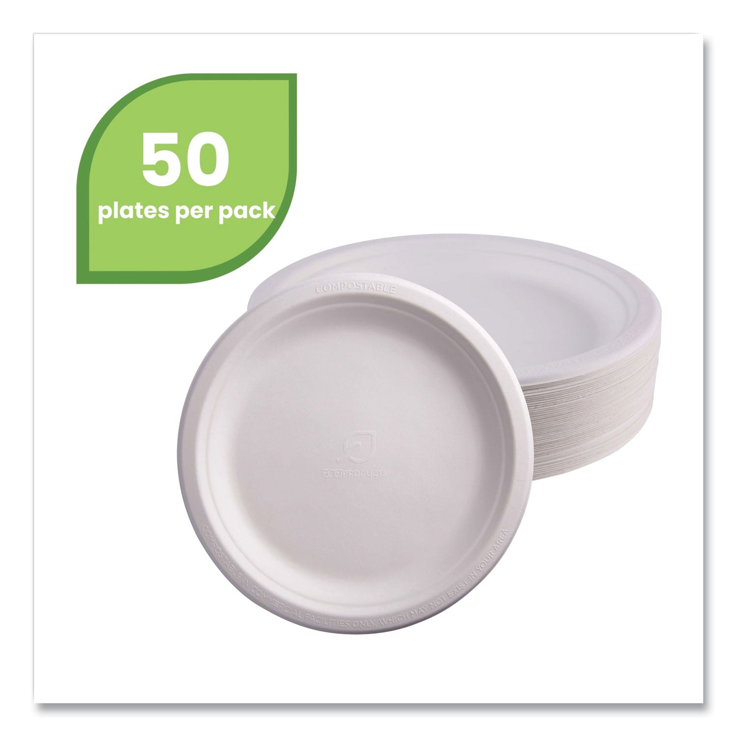 Renewable Sugarcane Plates, 9" dia, Natural White, 50/Packs -