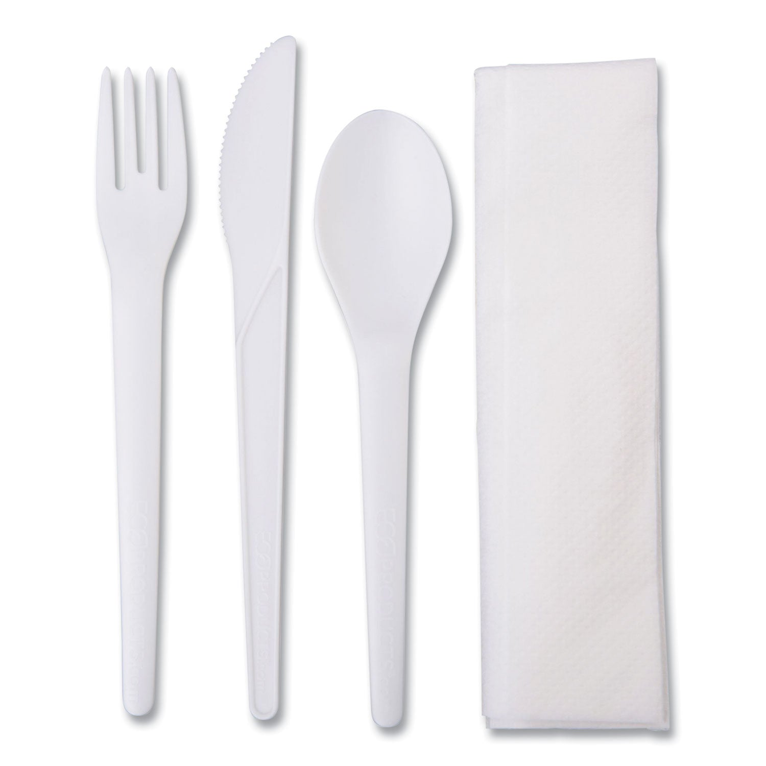 Plantware Compostable Cutlery Kit, Knife/Fork/Spoon/Napkin, 6", Pearl White, 250 Kits/Carton -