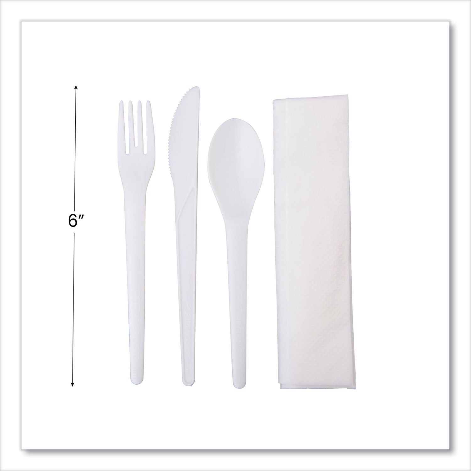Plantware Compostable Cutlery Kit, Knife/Fork/Spoon/Napkin, 6", Pearl White, 250 Kits/Carton -
