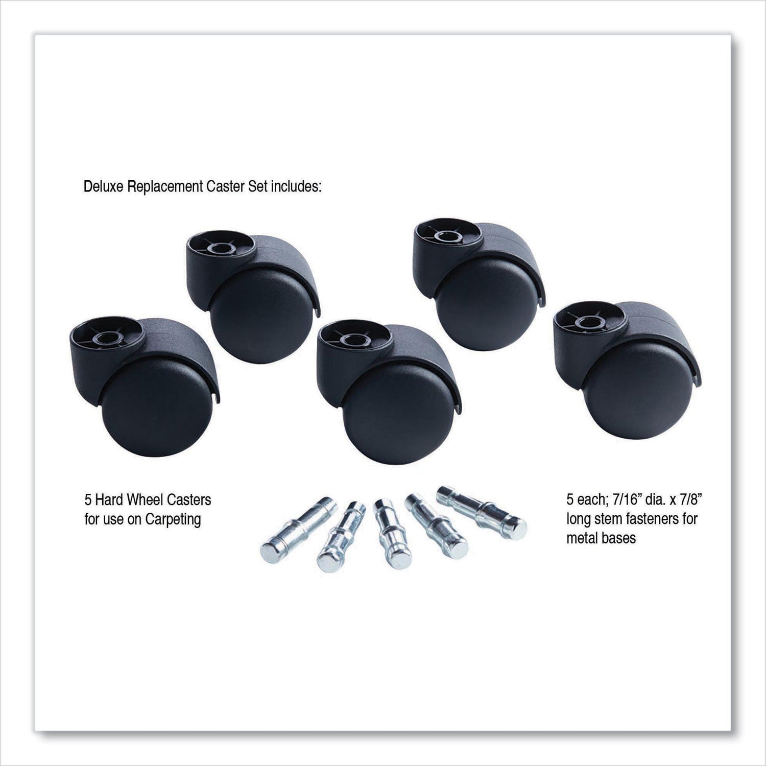 Deluxe Futura Casters, Flush Mount, Grip Ring Type B and Type K Stems, 2.19" Hard Nylon Wheel, Matte Black, 5/Set -