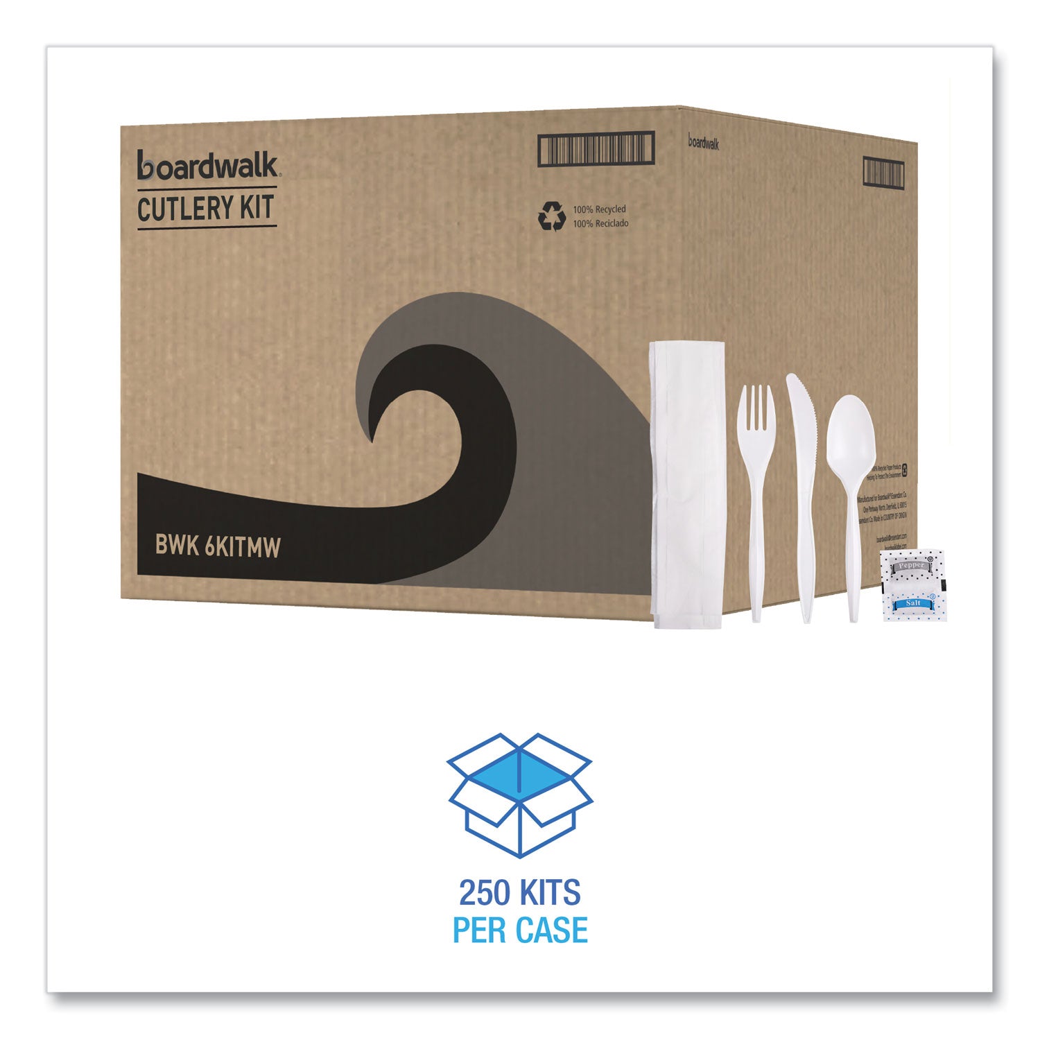Cutlery Kit, Plastic Fork/Spoon/Knife/Salt/Polypropylene/Napkin, White, 250/Carton -