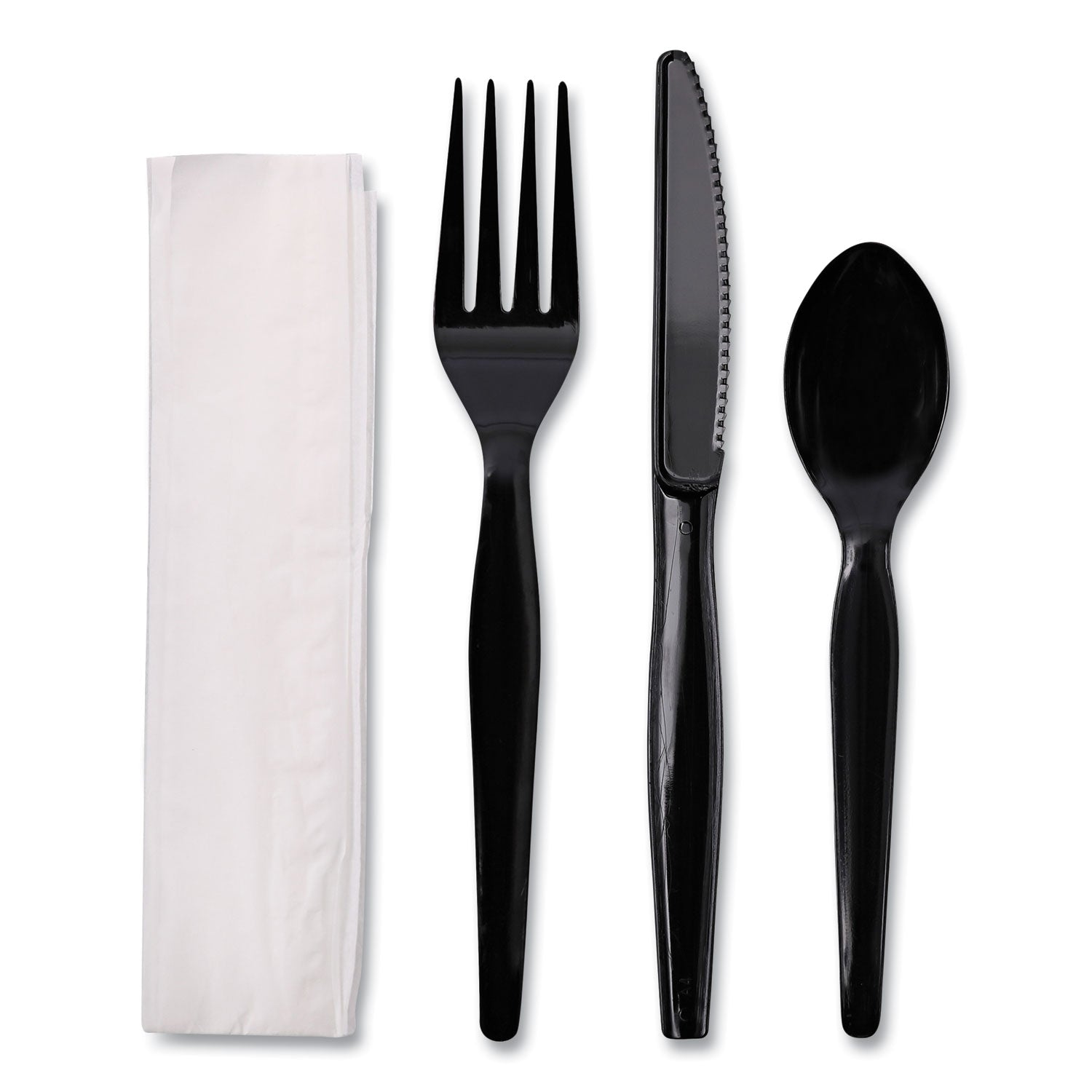 four-piece-cutlery-kit-fork-knife-napkin-teaspoon-heavyweight-black-250-carton_bwkfktnhwpsbla - 1