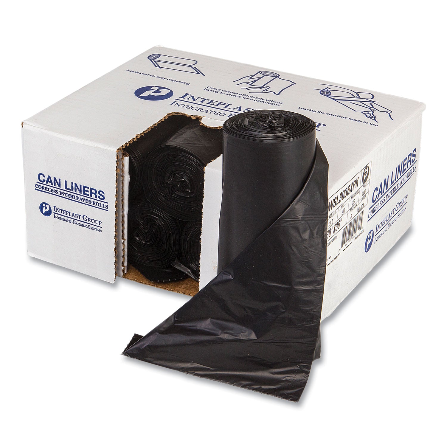 low-density-commercial-can-liners-coreless-interleaved-roll-30-gal-09-mil-30-x-36-black-25-bags-roll-8-rolls-carton_ibssl3036xpk - 1