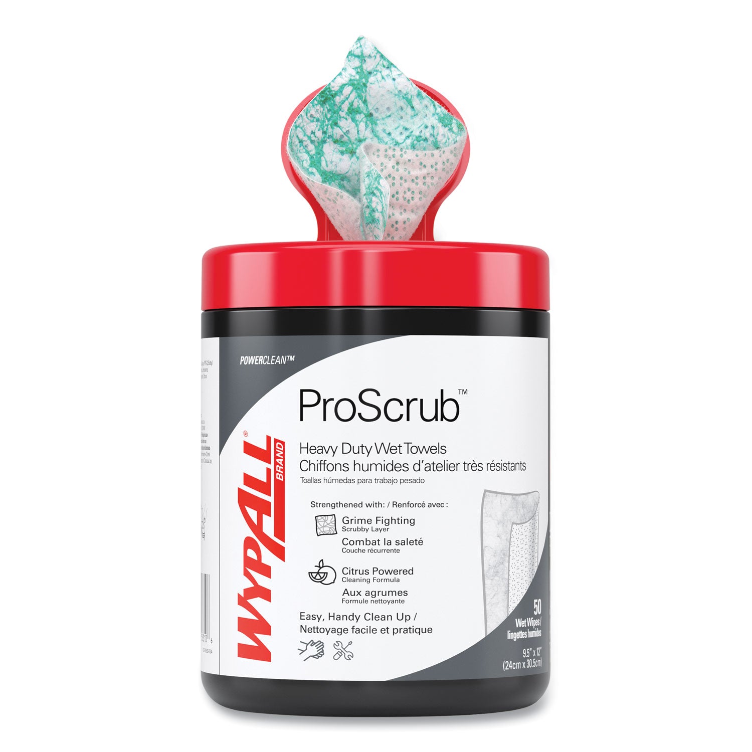 Power Clean ProScrub Pre-Saturated Wipes, 12 x 9.5, Citrus Scent, Green/White, 50/Canister, 8 Canisters/Carton -